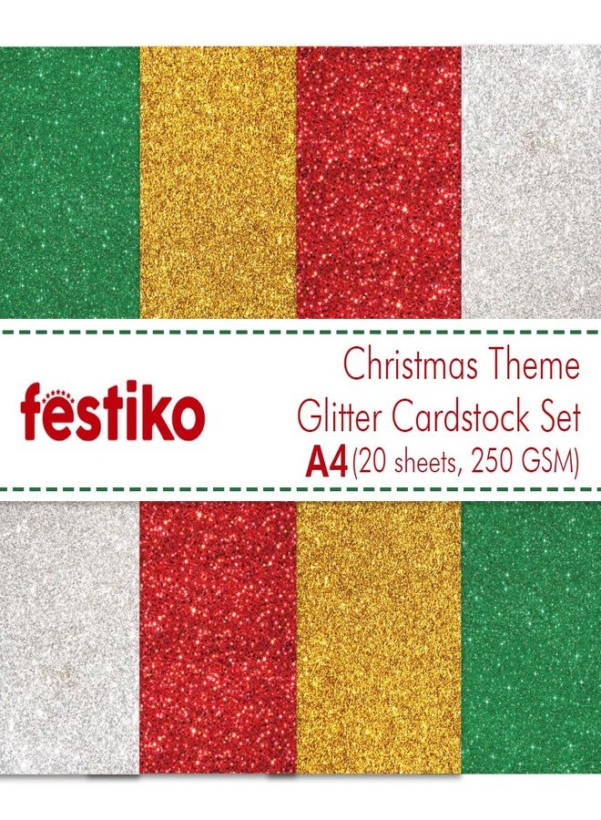 Festiko® Red/Gold/Green/Silver Glitter Cardstock Sheets For Christmas (Pack of 20, A4, 250 Gsm), Premium Glitter Paper for Crafts, A4 Glitter Card Stock for DIY Projects - Image 1